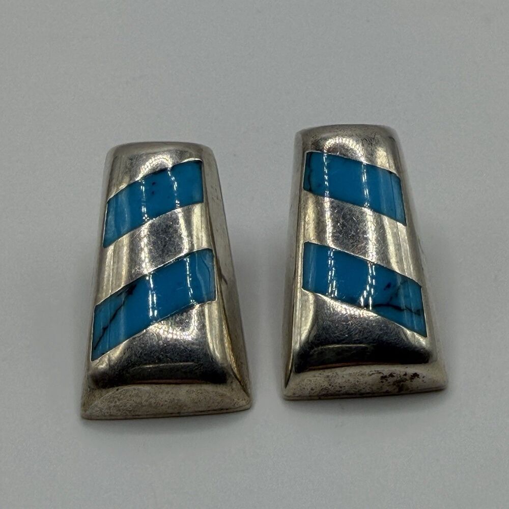925 Sterling Silver Turquoise Inlay Trapezoid Earrings 15.4g Southwestern